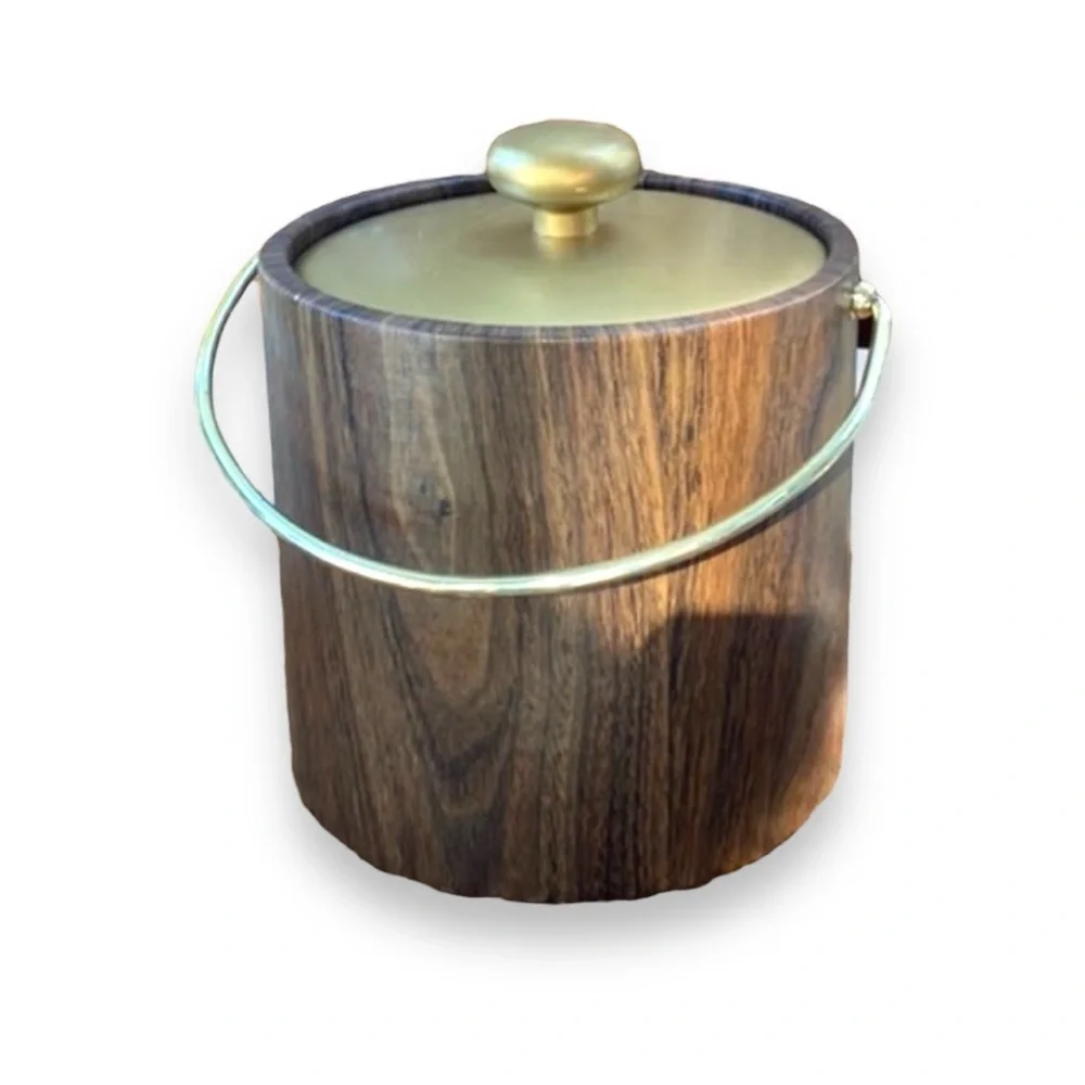 Vintage MCM Ice Bucket Faux Wood Grain w/ Lid & Gold Handle Mid Century …